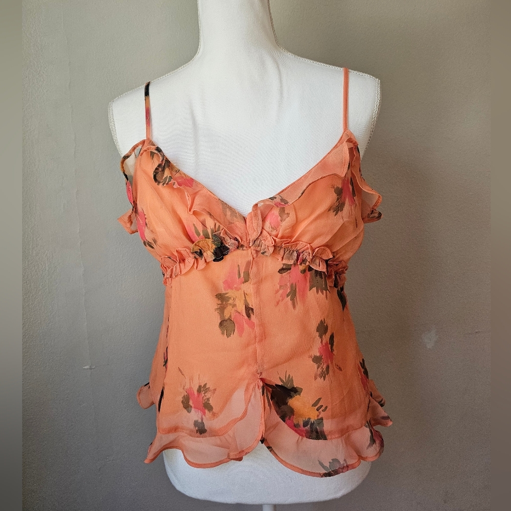 Steve Madden Peach Floral Ruffle Spaghetti Strap Camisole